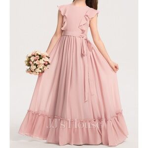 Junior Dress, A line floor length chiffon with bow cascading ruffles.